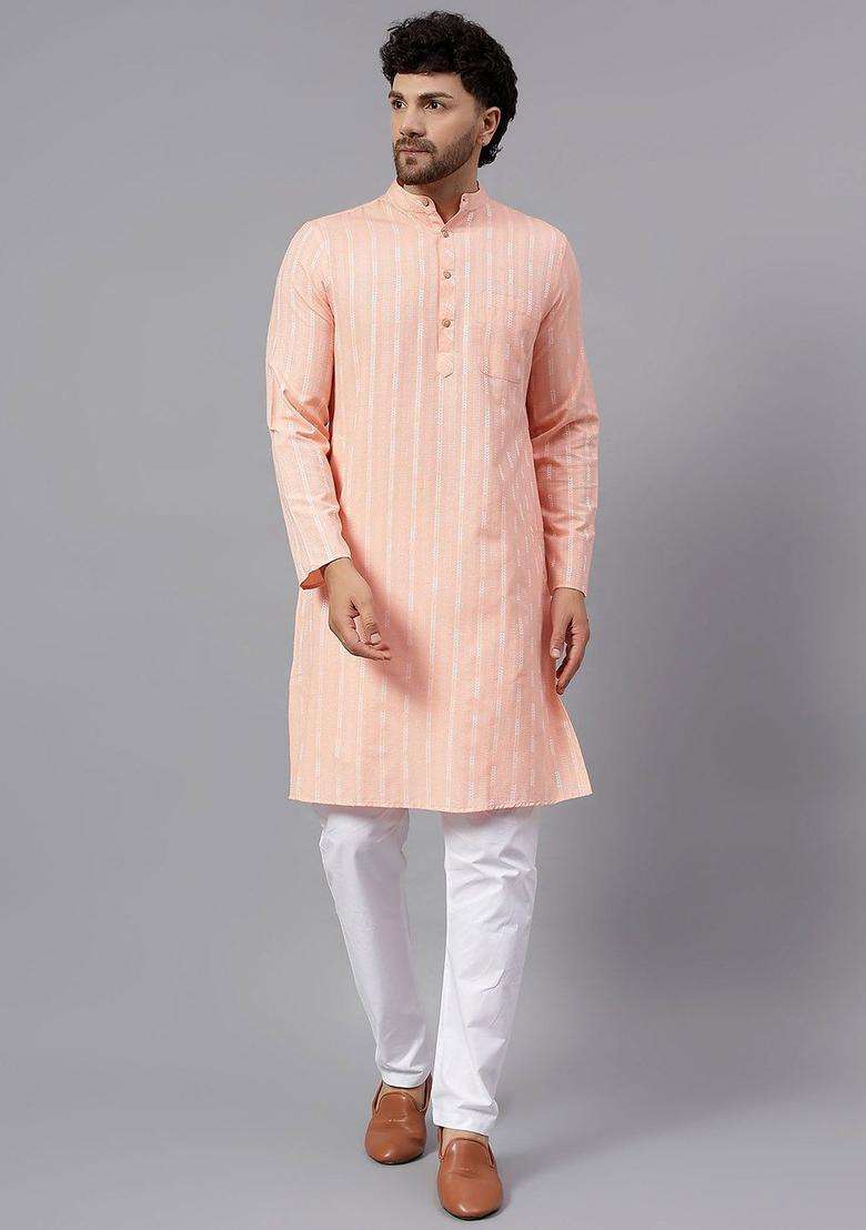 Peach Striped Cotton Kurta Set For Men - Indya