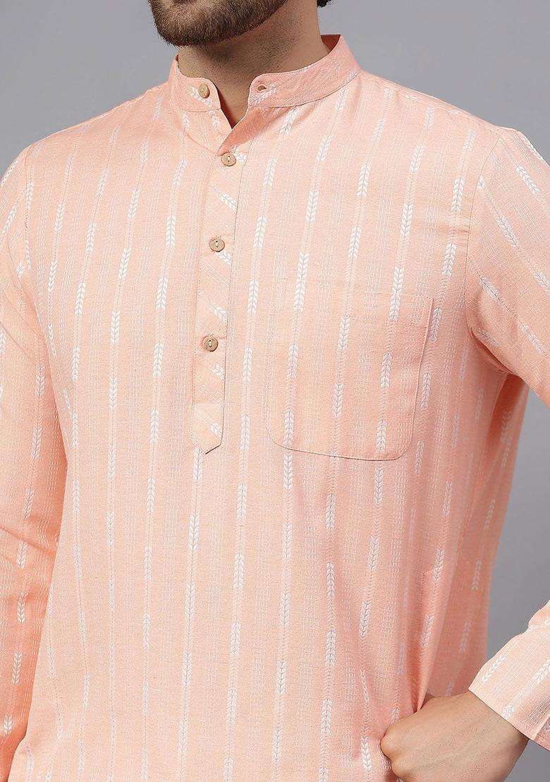 Peach Striped Cotton Kurta Set For Men - Indya