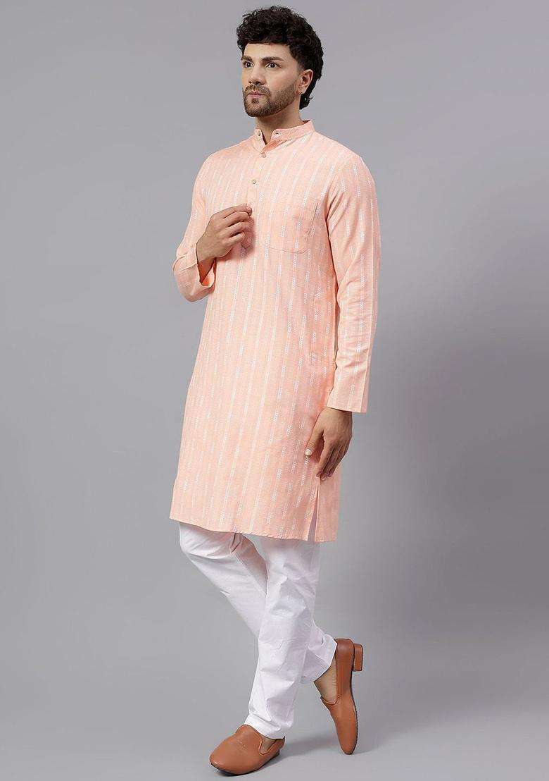 Peach Striped Cotton Kurta Set For Men - Indya