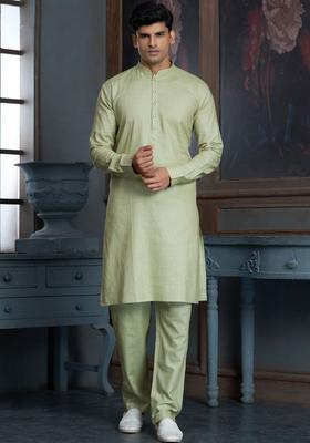 Green Solid Cotton Kurta Set For Men