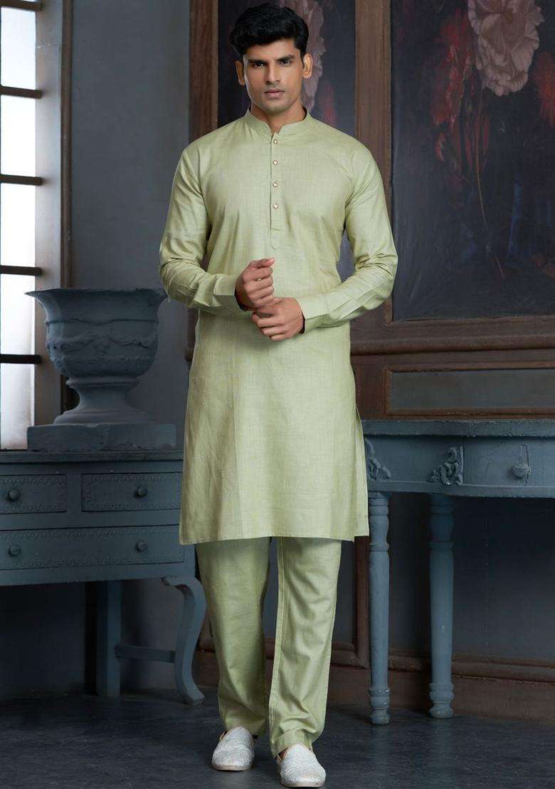Green Solid Cotton Kurta Set For Men - Indya
