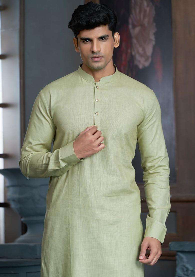 Green Solid Cotton Kurta Set For Men - Indya