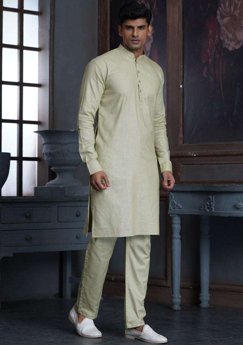 Green Solid Cotton Kurta Set For Men - Indya