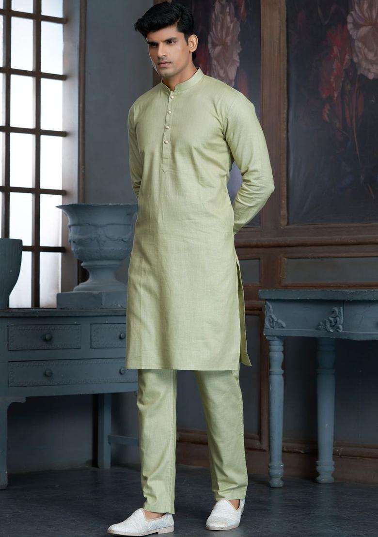 Green Solid Cotton Kurta Set For Men - Indya