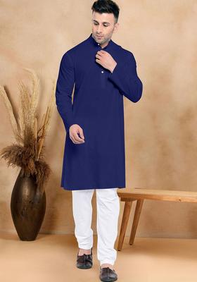 Navy Blue Solid Cotton Kurta Set For Men