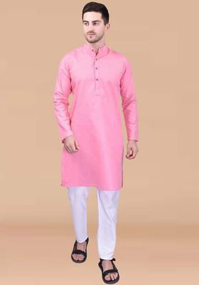 Pink Solid Cotton Kurta Set For Men