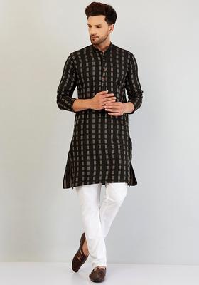 Black Woven Design Cotton Kurta Set For Men