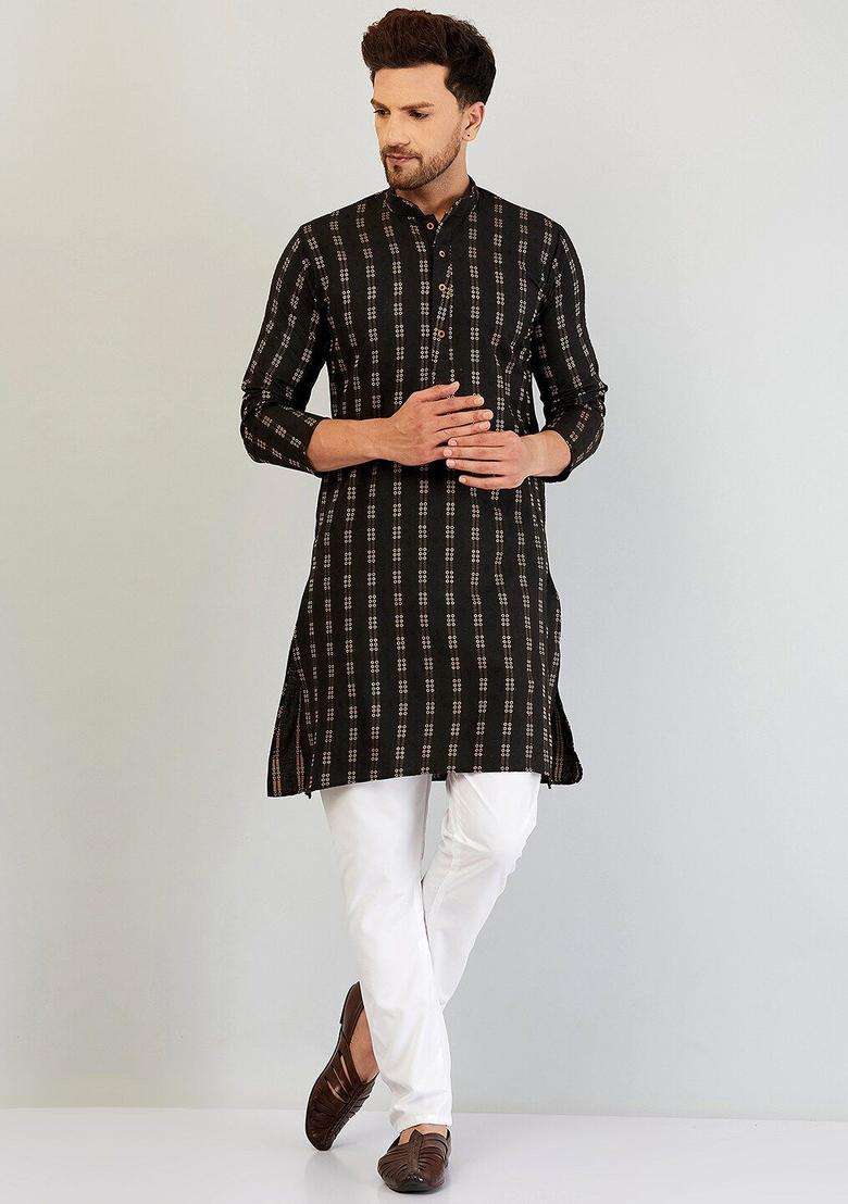 Black Woven Design Cotton Kurta Set For Men - Indya