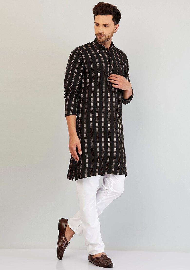 Black Woven Design Cotton Kurta Set For Men - Indya