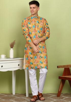 Yellow Printed Cotton Kurta Set For Men
