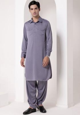 Purple Solid Polyester Kurta Set For Men