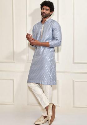 Blue Woven Design Silk Kurta Set For Men