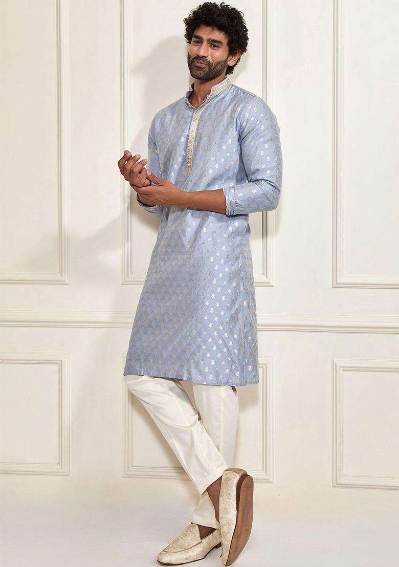 Blue Woven Design Silk Blend Kurta Set For Men - Indya