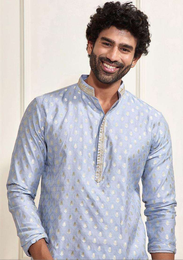 Blue Woven Design Silk Blend Kurta Set For Men - Indya