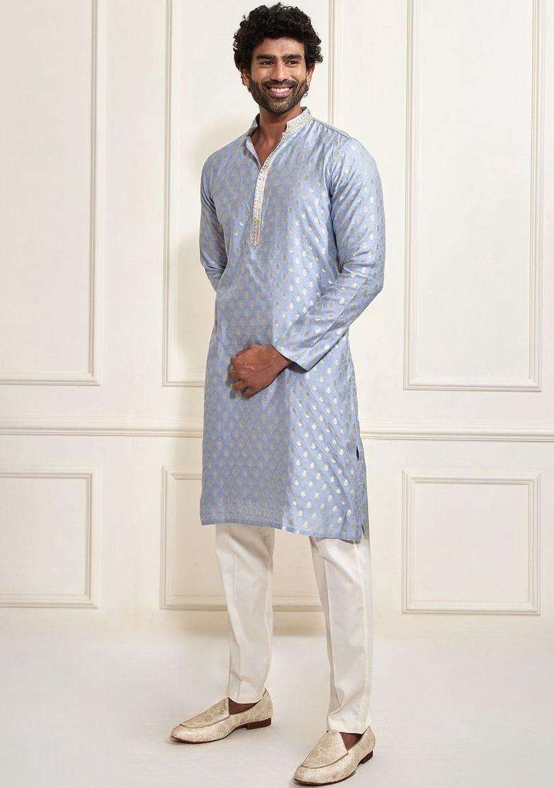 Blue Woven Design Silk Blend Kurta Set For Men - Indya