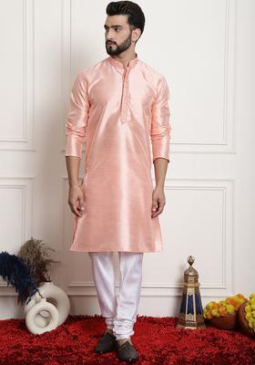 Pink Solid Silk Kurta Set For Men