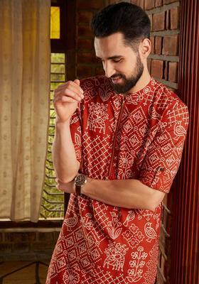 Brown Printed Cotton Kurta Set For Men