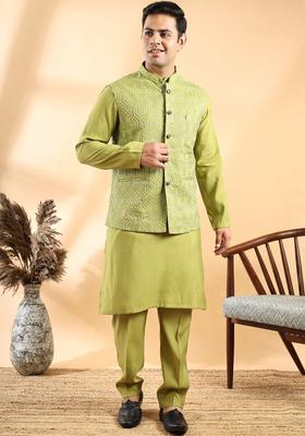 Lime Green Solid Silk Kurta Set For Men