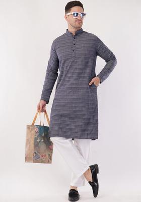 Navy Blue Striped Cotton Kurta Set For Men