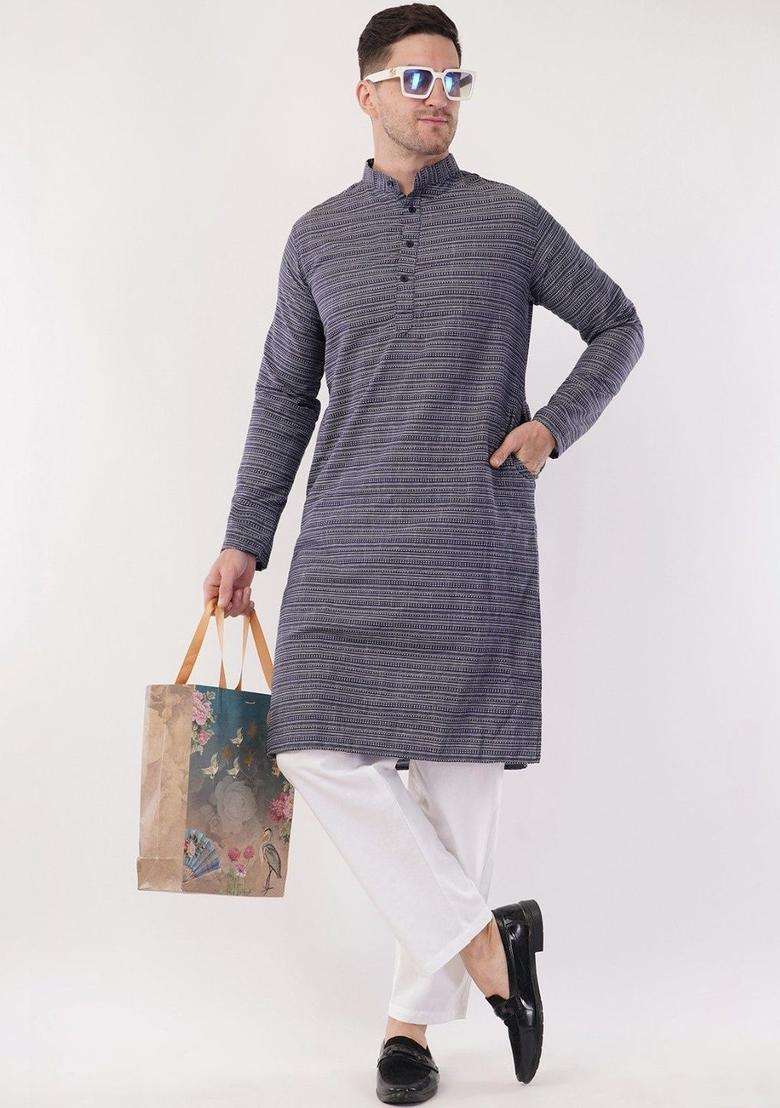 Navy Blue Striped Cotton Kurta Set For Men - Indya
