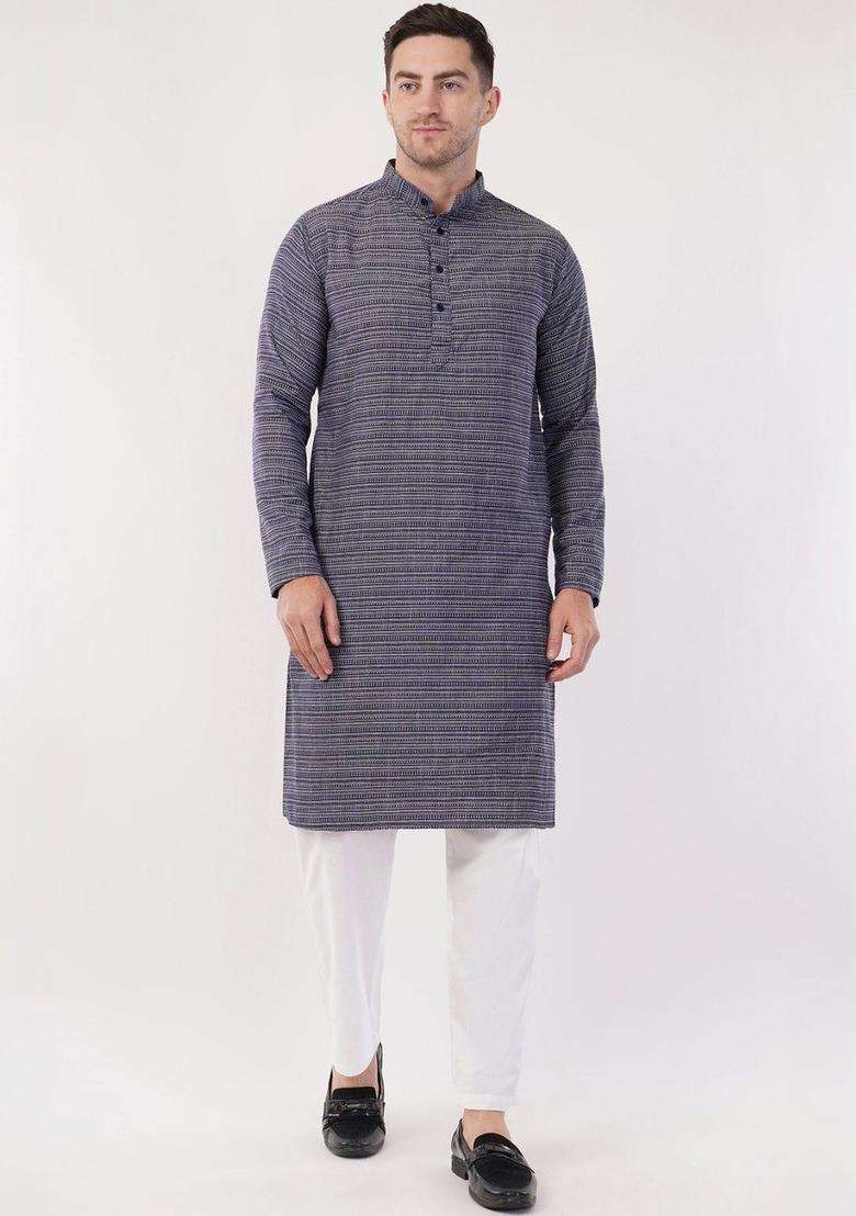 Navy Blue Striped Cotton Kurta Set For Men - Indya