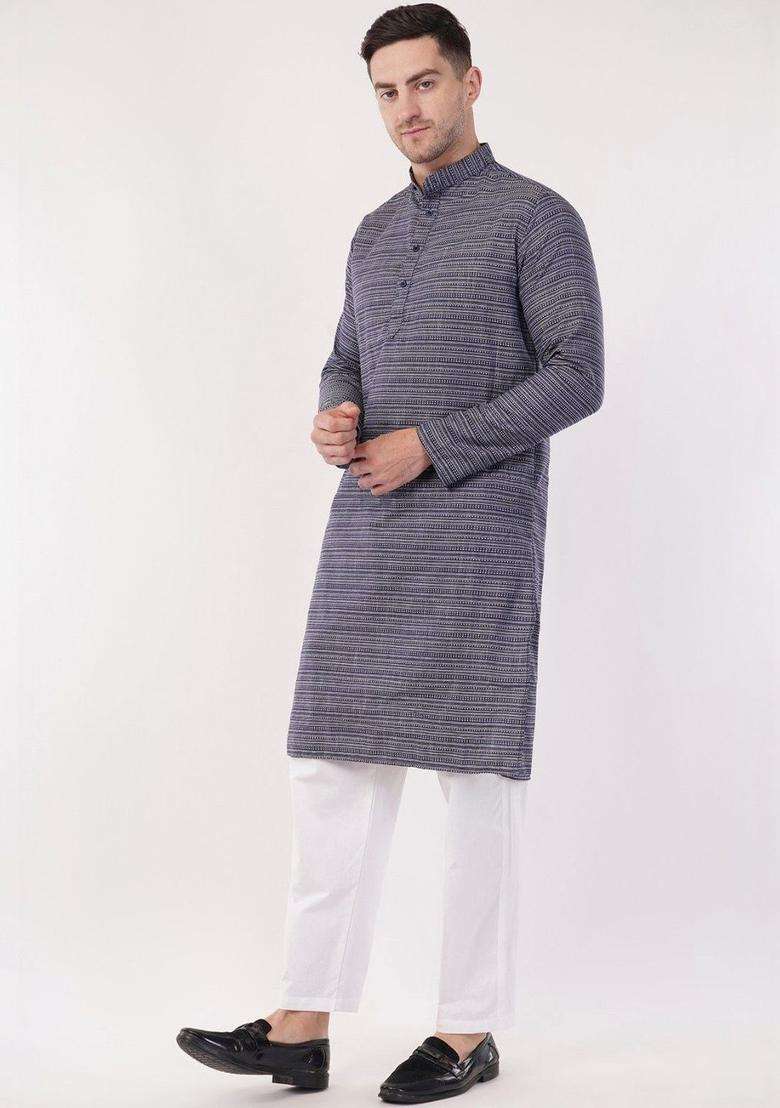 Navy Blue Striped Cotton Kurta Set For Men - Indya