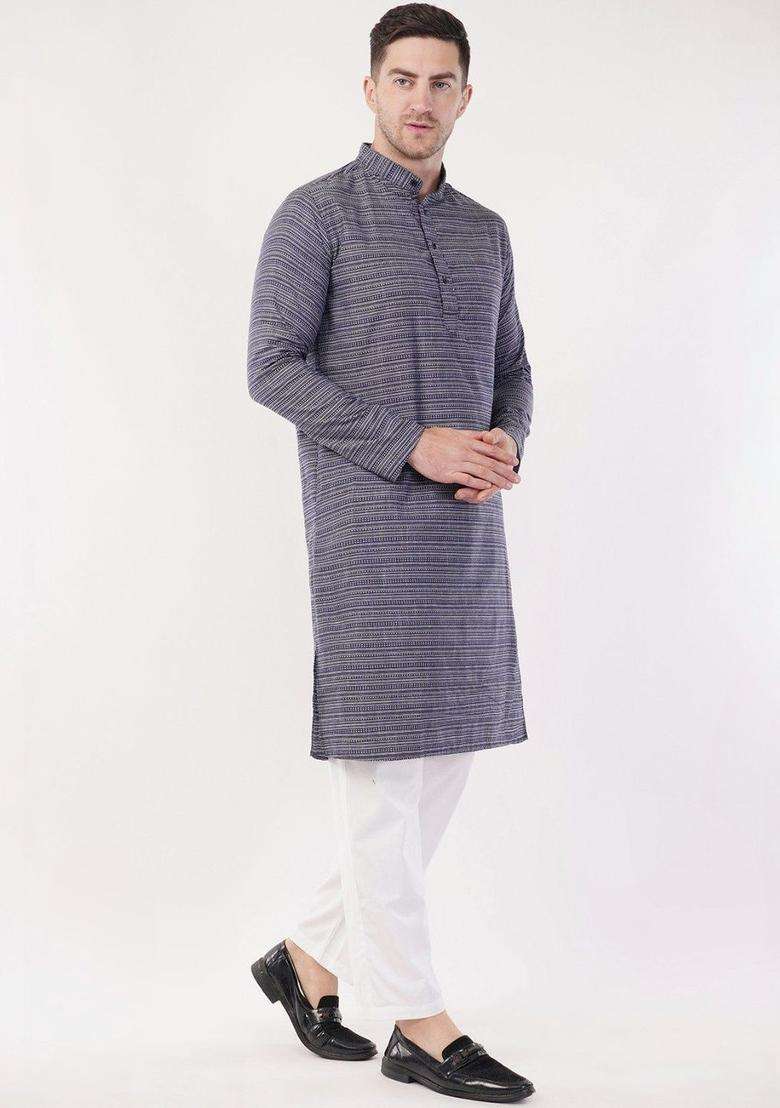 Navy Blue Striped Cotton Kurta Set For Men - Indya
