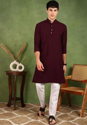 Maroon Embroidered Cotton Kurta Set For Men