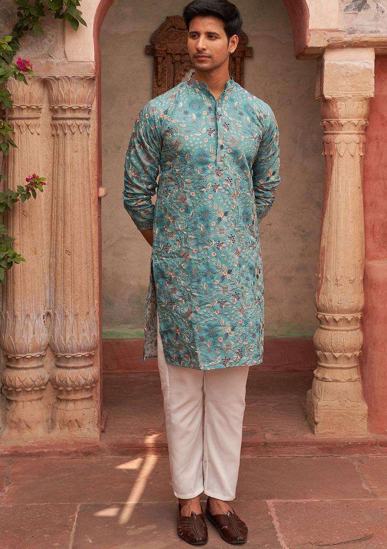 Turquoise Blue Embroidered Silk Blend Kurta Set For Men - Indya