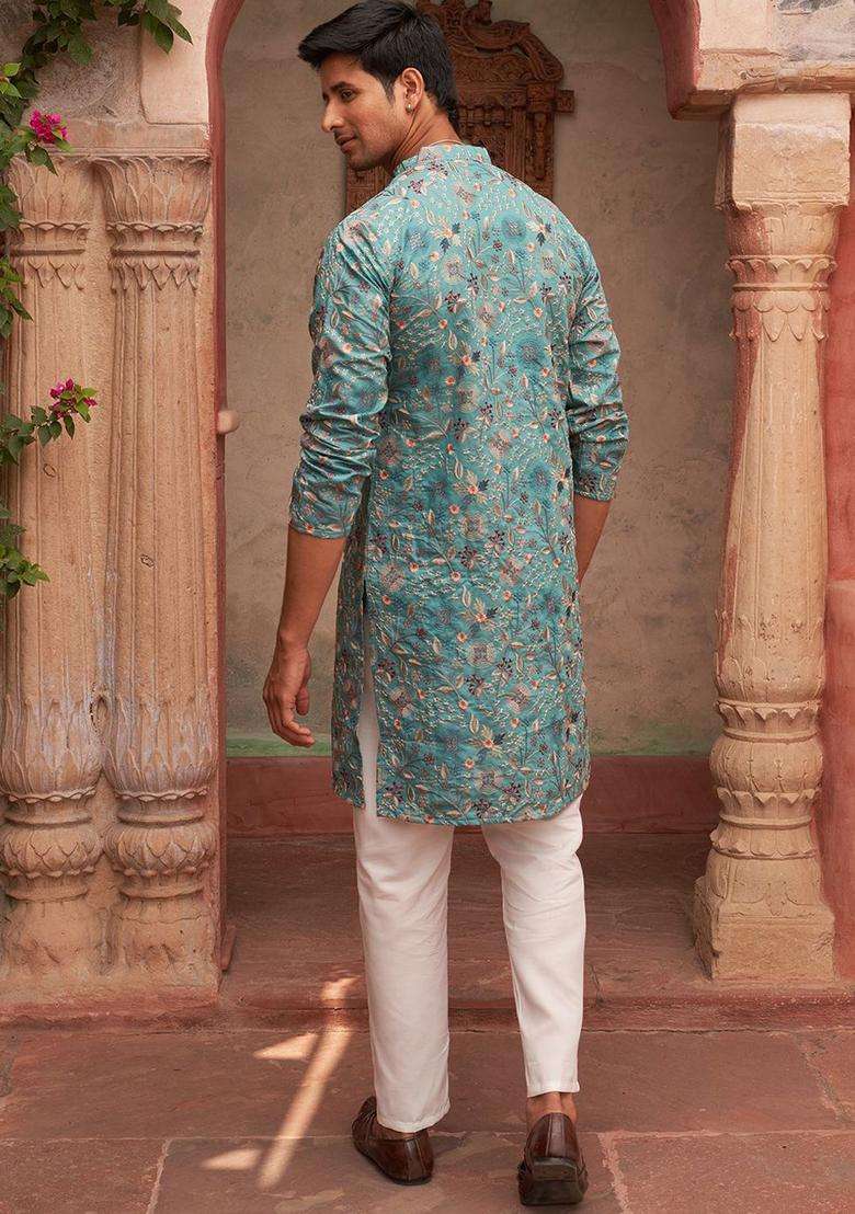 Turquoise Blue Embroidered Silk Blend Kurta Set For Men - Indya