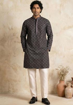 Black Printed Viscose Kurta Set For Men