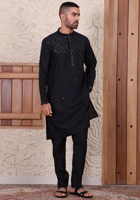 Black Embroidered Viscose Kurta Set For Men