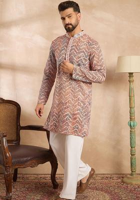Red Printed Silk Kurta Set For Men