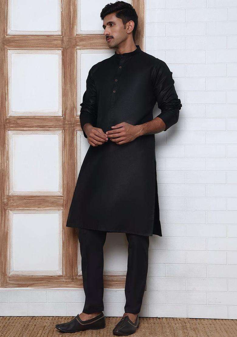 Black Solid Cotton Kurta Set For Men - Indya
