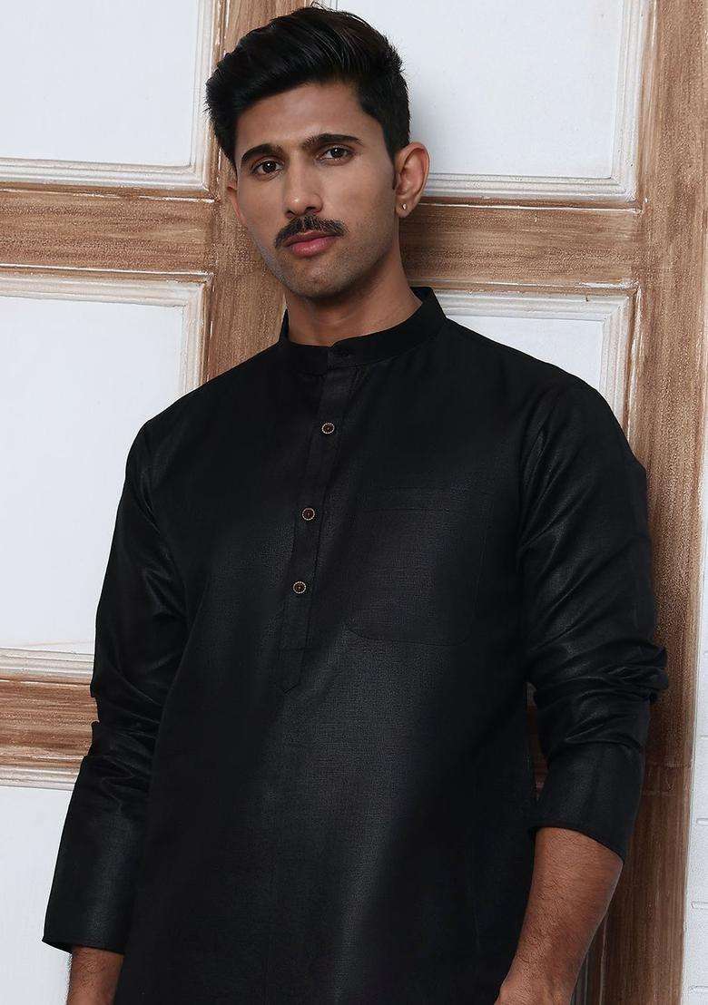Black Solid Cotton Kurta Set For Men - Indya