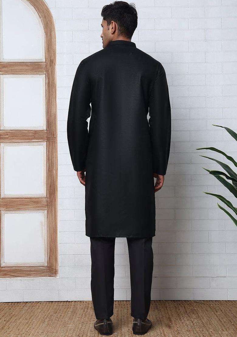 Black Solid Cotton Kurta Set For Men - Indya