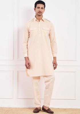 Peach Solid Cotton Kurta Set For Men