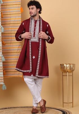 Maroon Embroidered Silk Kurta Set For Men