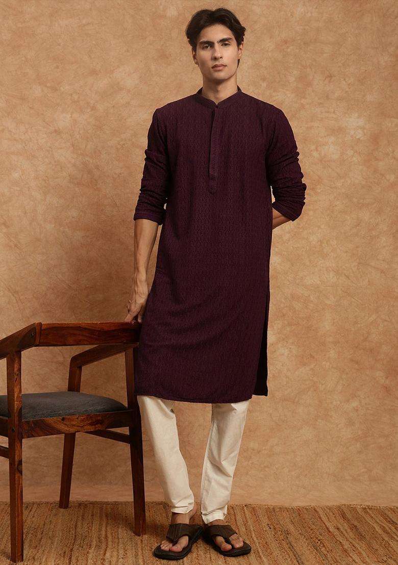 Purple Embroidered Viscose Kurta Set For Men - Indya