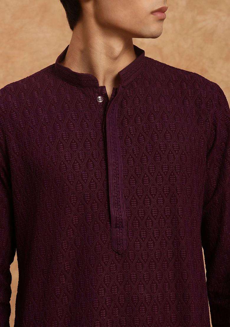 Purple Embroidered Viscose Kurta Set For Men - Indya