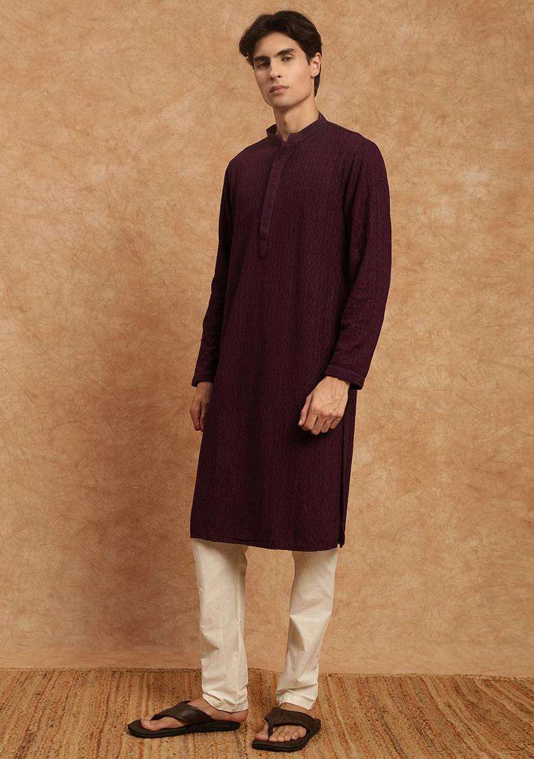 Purple Embroidered Viscose Kurta Set For Men - Indya