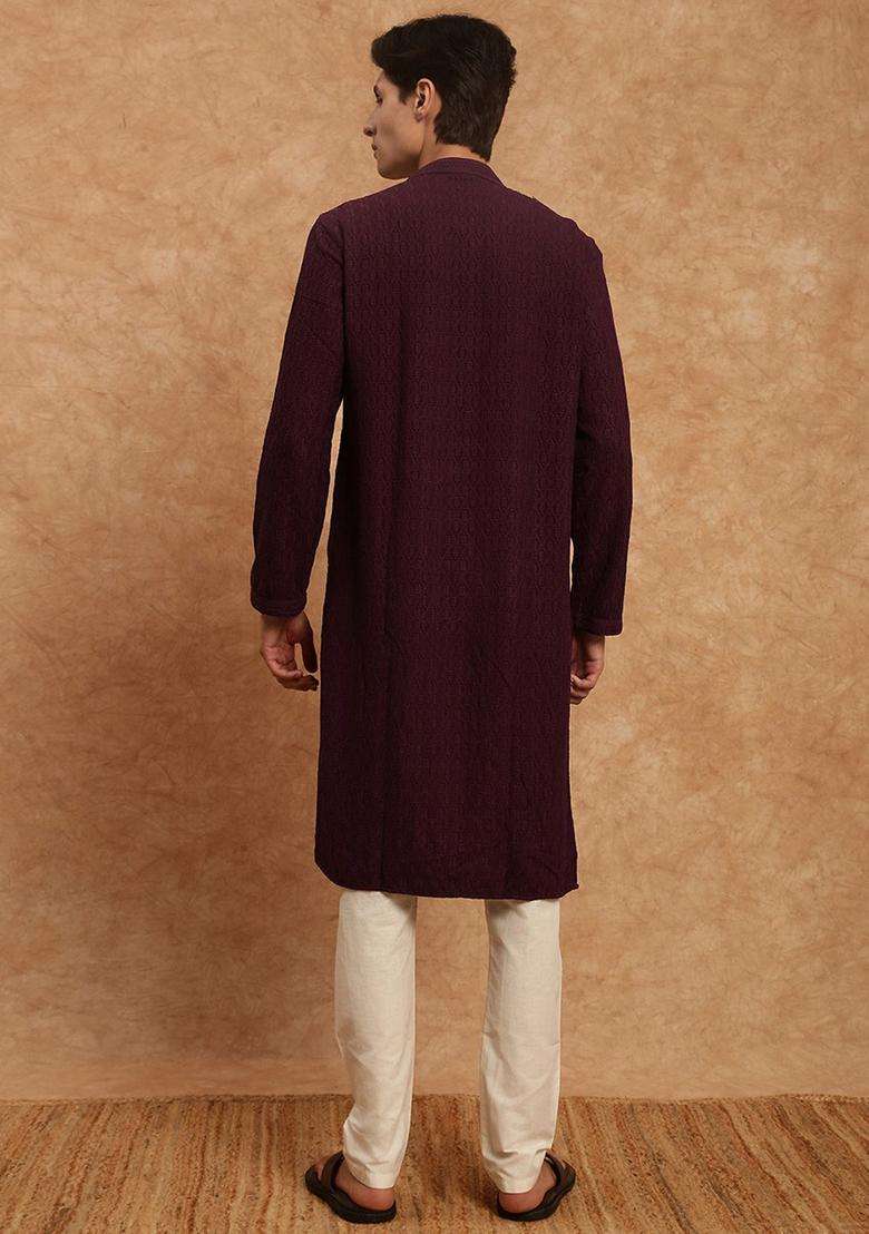 Purple Embroidered Viscose Kurta Set For Men - Indya