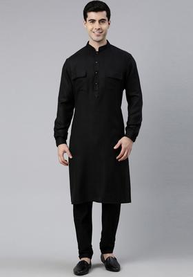 Black Solid Cotton Kurta Set For Men
