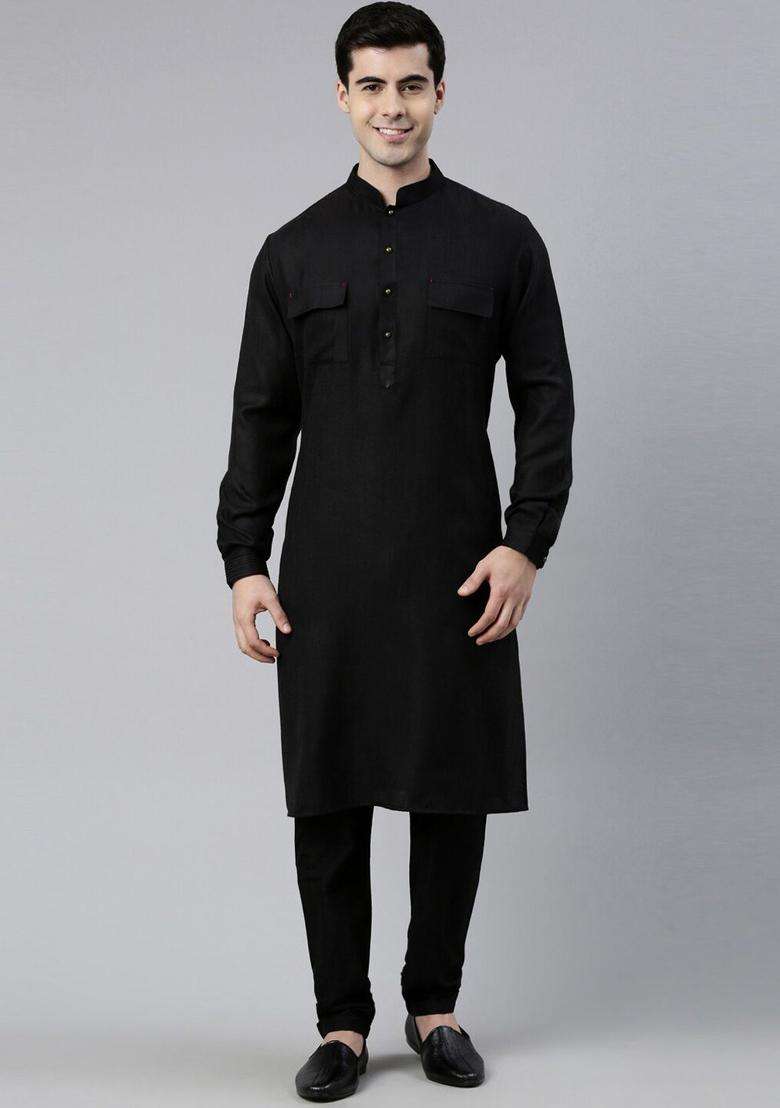 Black Solid Cotton Kurta Set For Men - Indya