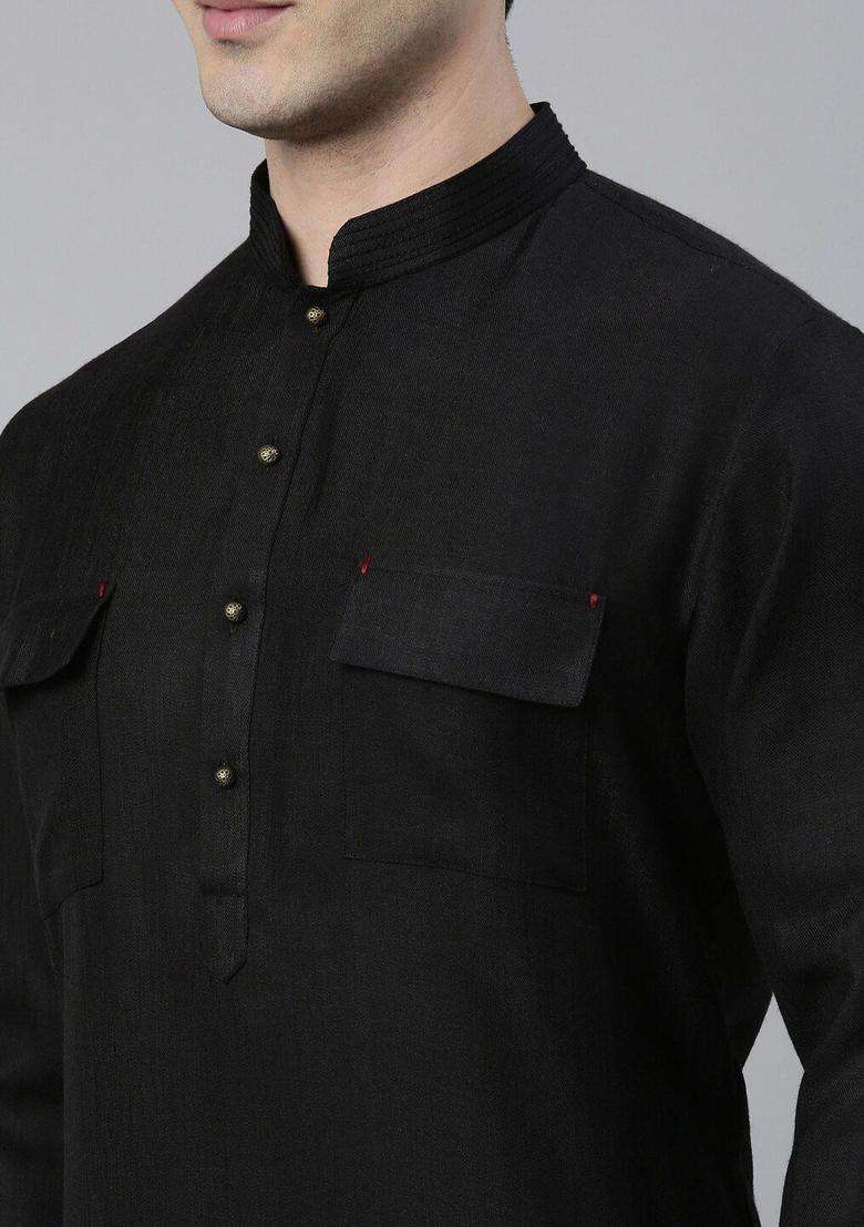Black Solid Cotton Kurta Set For Men - Indya