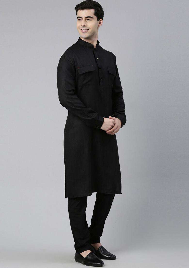 Black Solid Cotton Kurta Set For Men - Indya