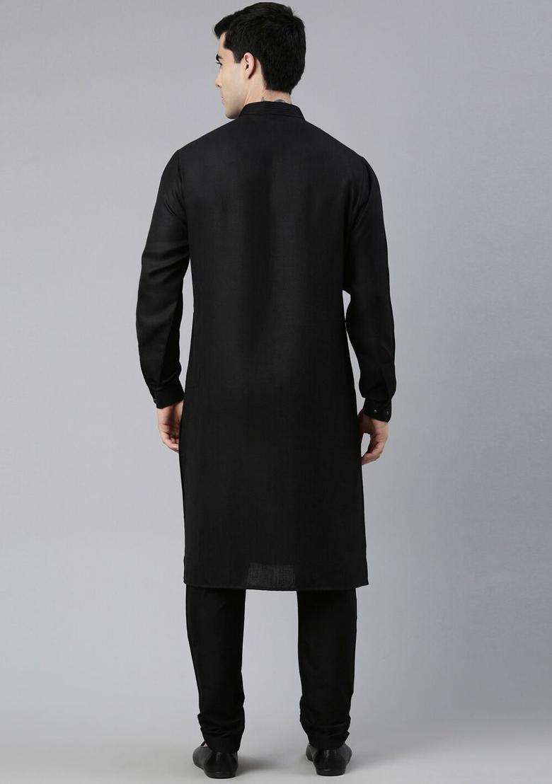 Black Solid Cotton Kurta Set For Men - Indya