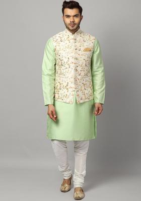 Green Solid Silk Kurta Set For Men