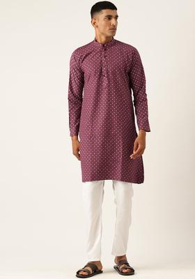 Maroon Printed Cotton Kurta Set For Men