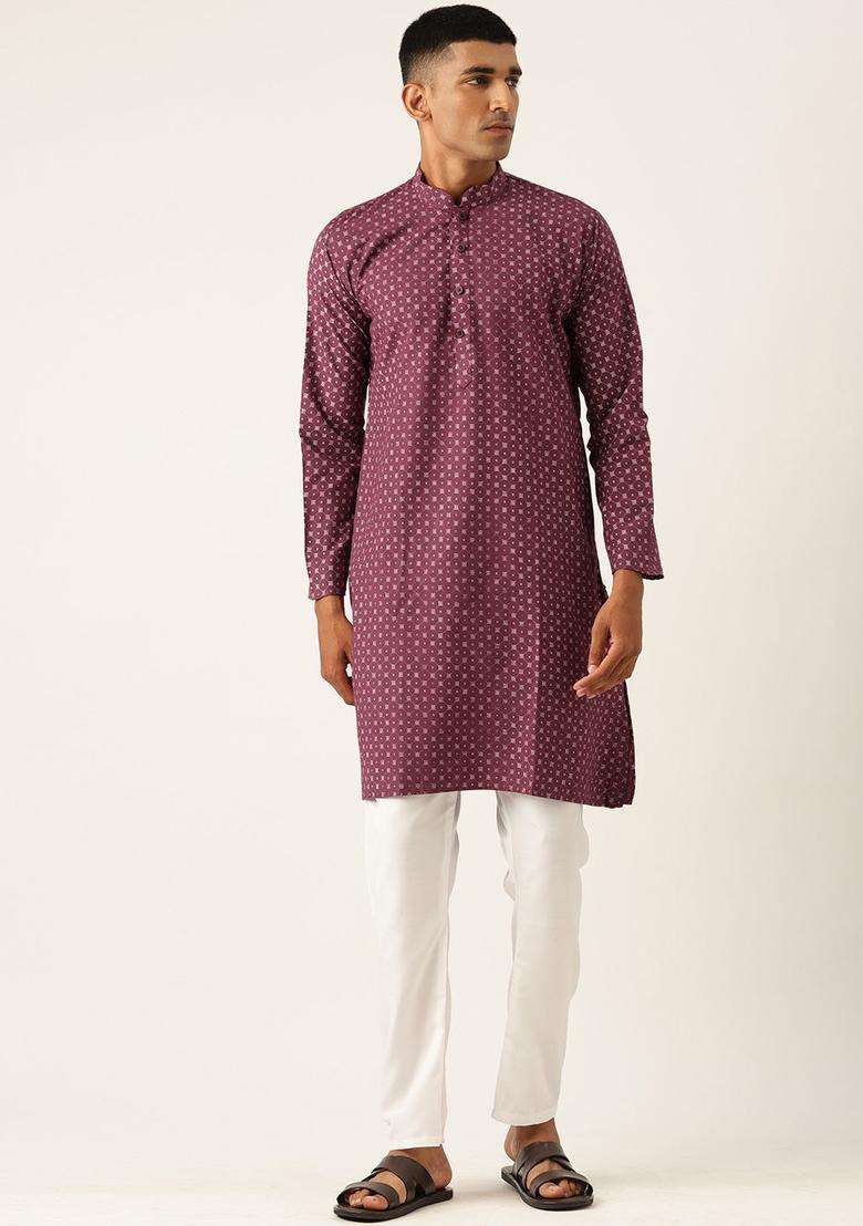 Maroon Printed Cotton Kurta Set For Men - Indya